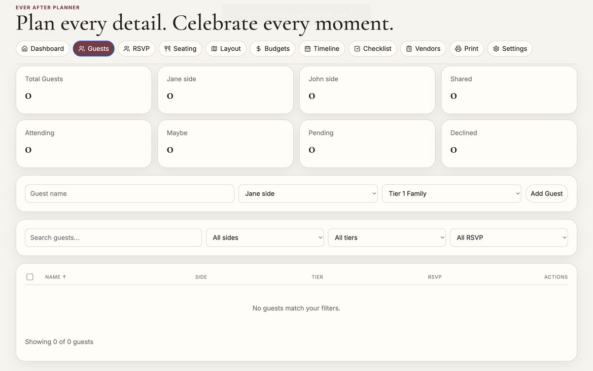 Guest list showing side, tier and RSVP filters for managing invitees.