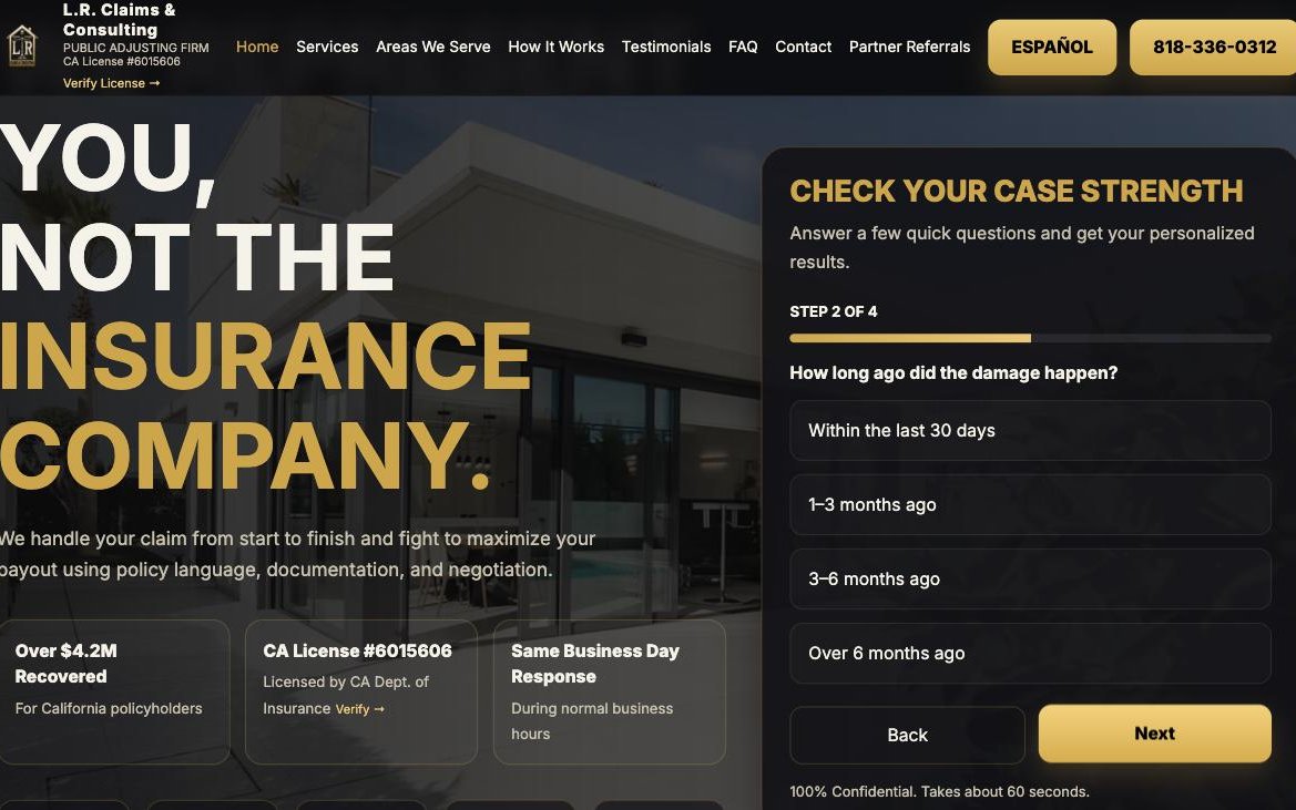 The case-strength claim check on the homepage (an earlier four-question version).