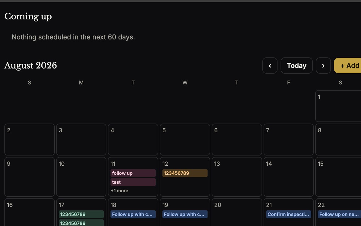 Calendar view color-coded by inspections, follow-ups, tasks, events and deadlines.