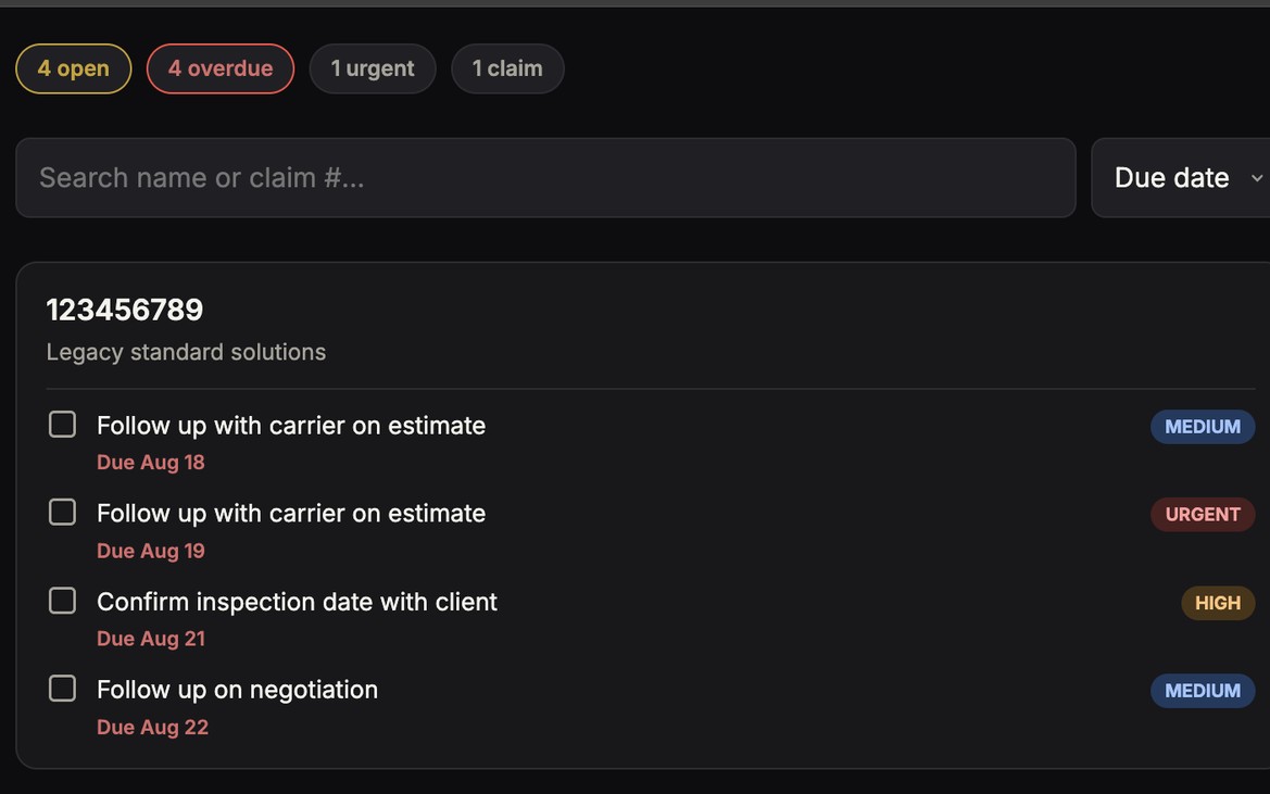A claim record with its open tasks, due dates and priority flags.