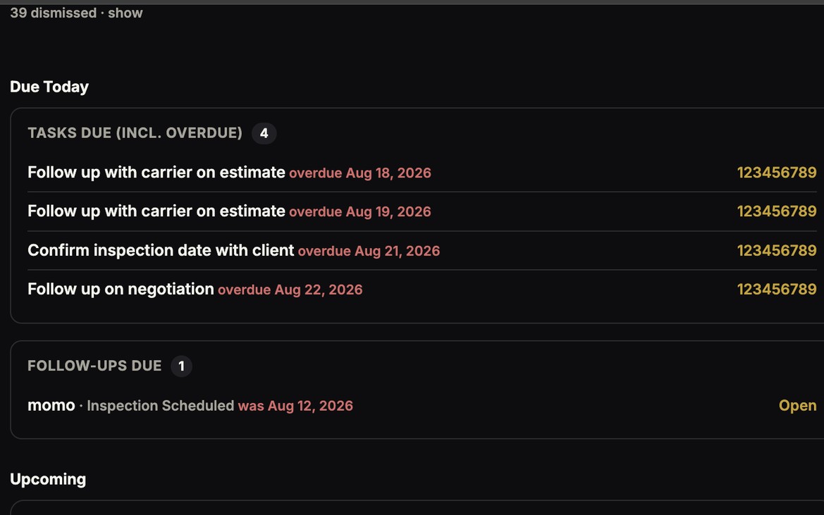 Dashboard showing overdue tasks, follow-ups due and this week’s workload at a glance.