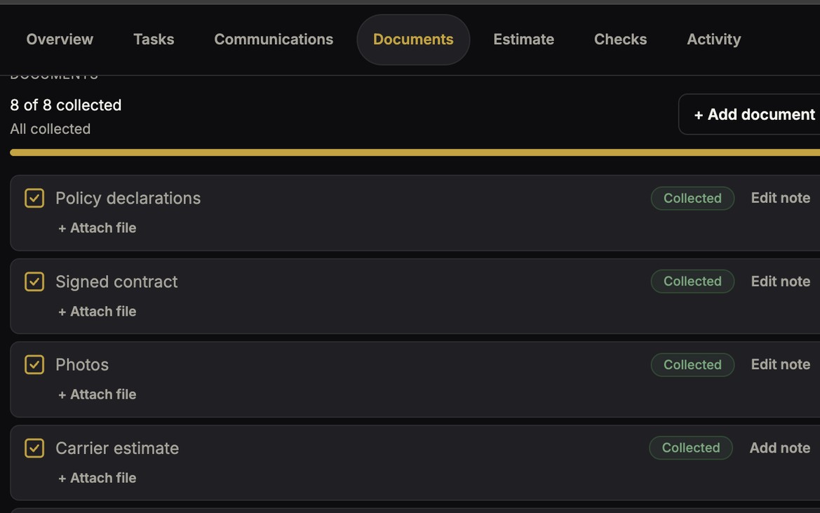 Document checklist tracking which files have been collected for a claim.