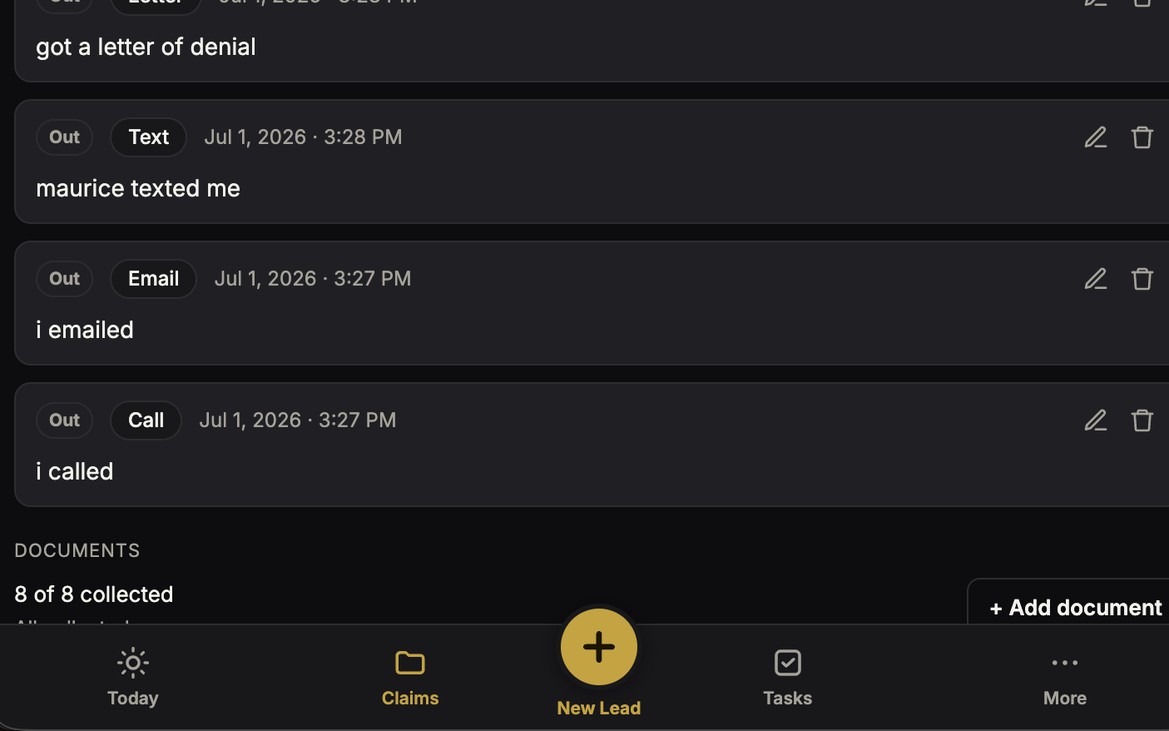 The CRM’s mobile-width layout, with a bottom tab bar for one-handed use in the field.