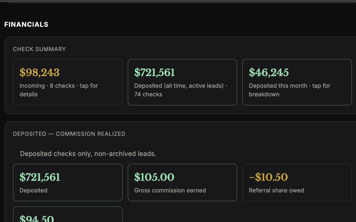 Financial reporting showing incoming and deposited checks, and commission earned.