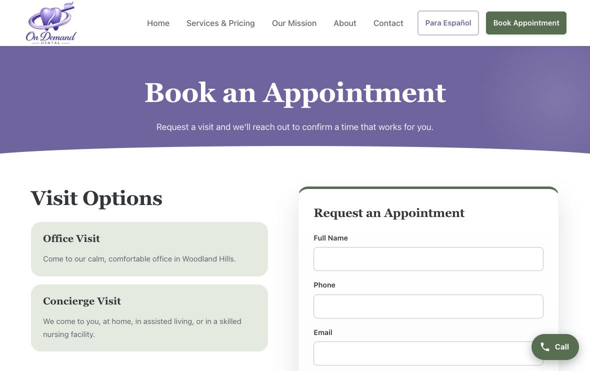 On Demand Dental appointment booking page.