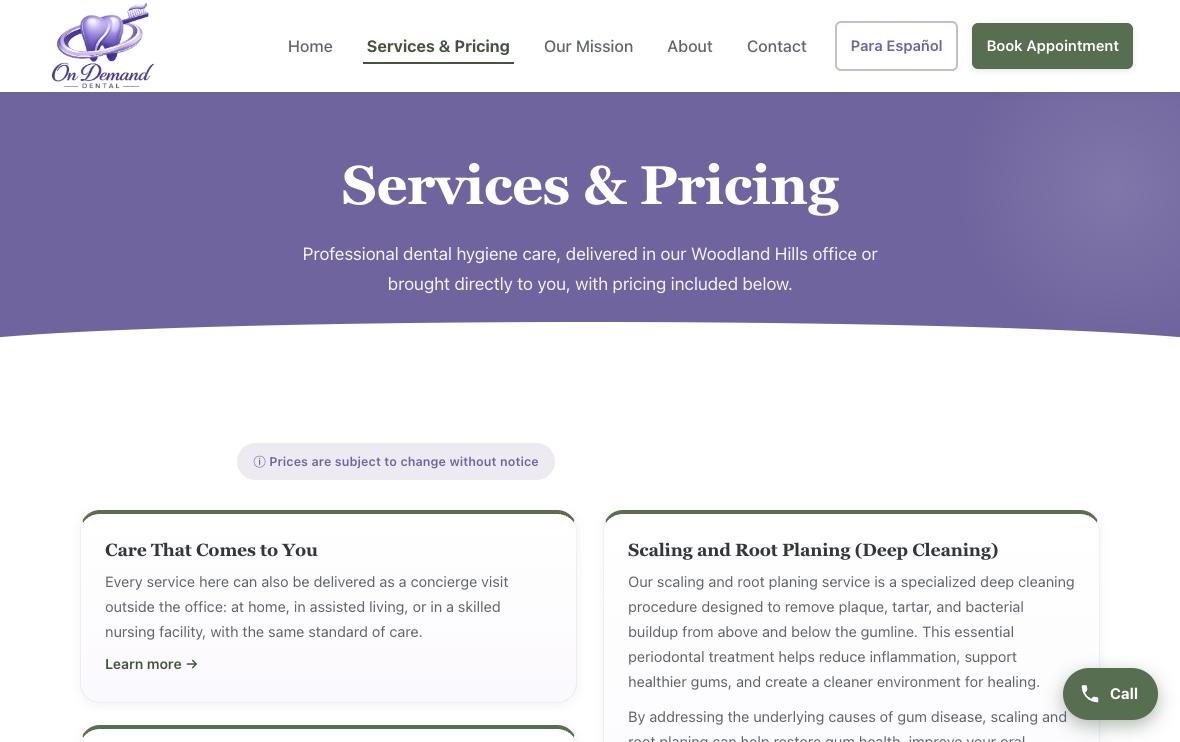 On Demand Dental services and pricing page.