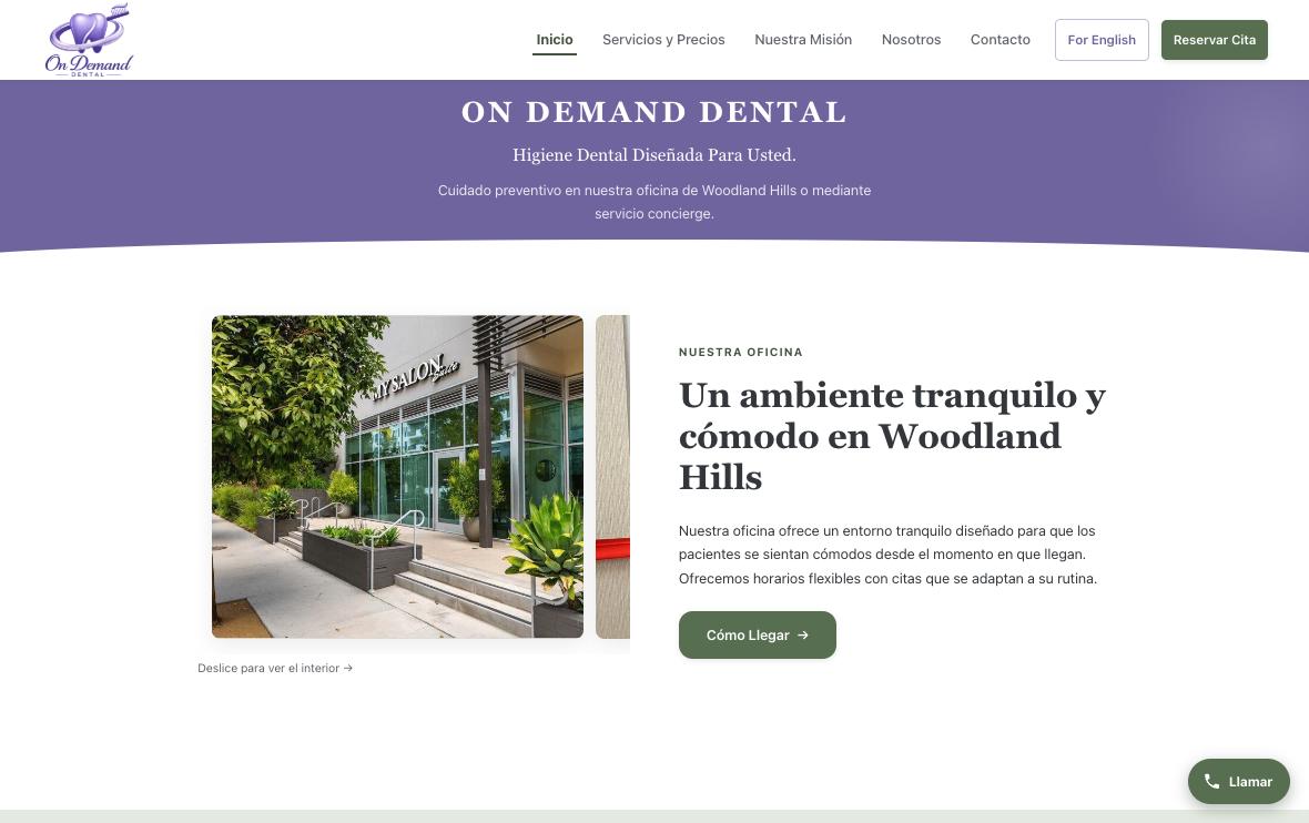 On Demand Dental homepage in Spanish, showing the bilingual language switch.