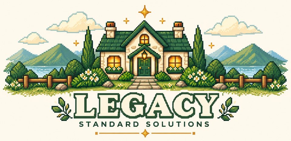 Legacy Standard Solutions logo: a pixel-art cottage with a green roof and warm, lit windows
